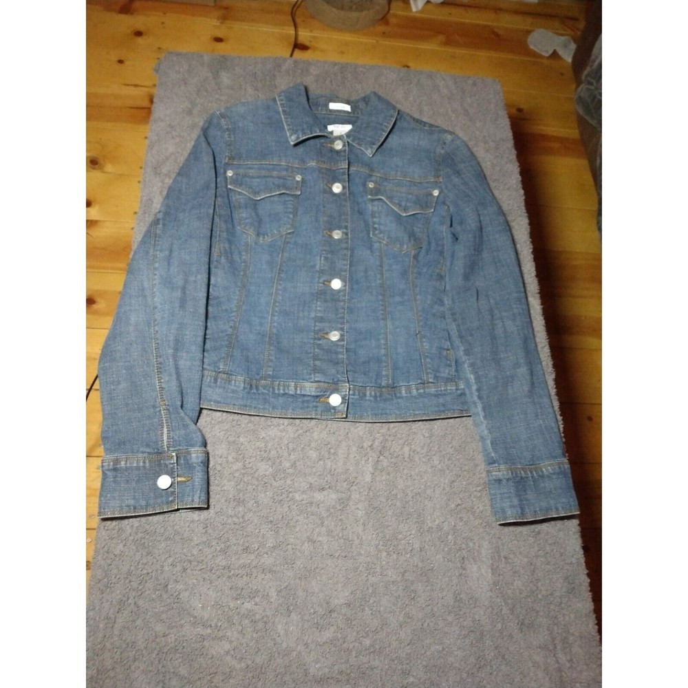 Liz & Co Womens Sz M Blue Jean Jacket Metal Button Front Medium Wash Long Sleeve